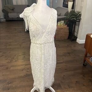 Mac Duggal White Sequin with gorgeous floral detail on shoulder Sheath Dress